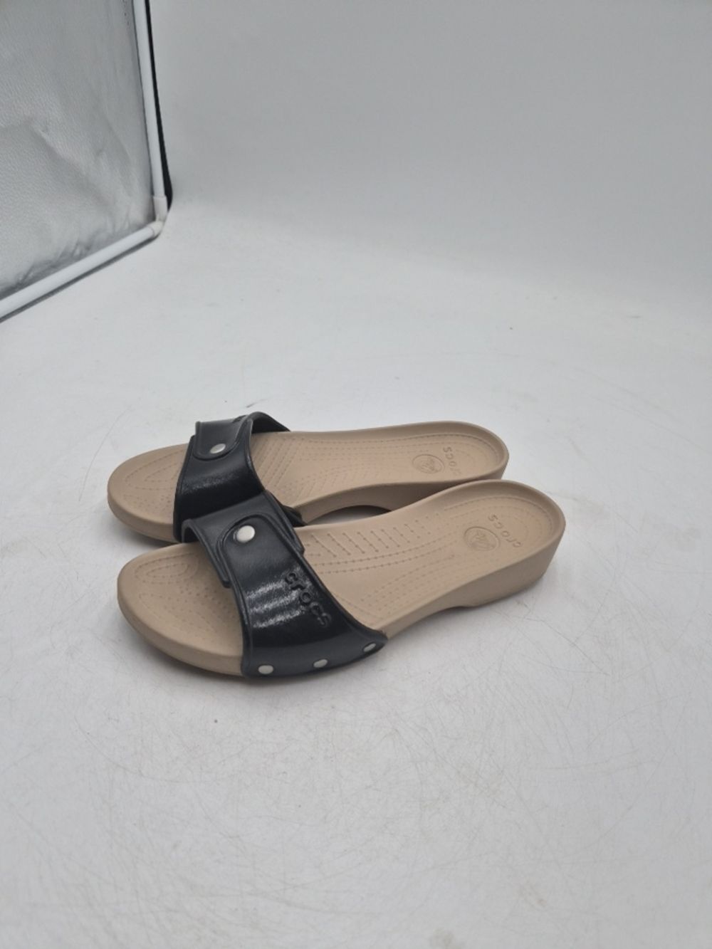 CROCS Black Strap Slide Sandals with Beige Footbed